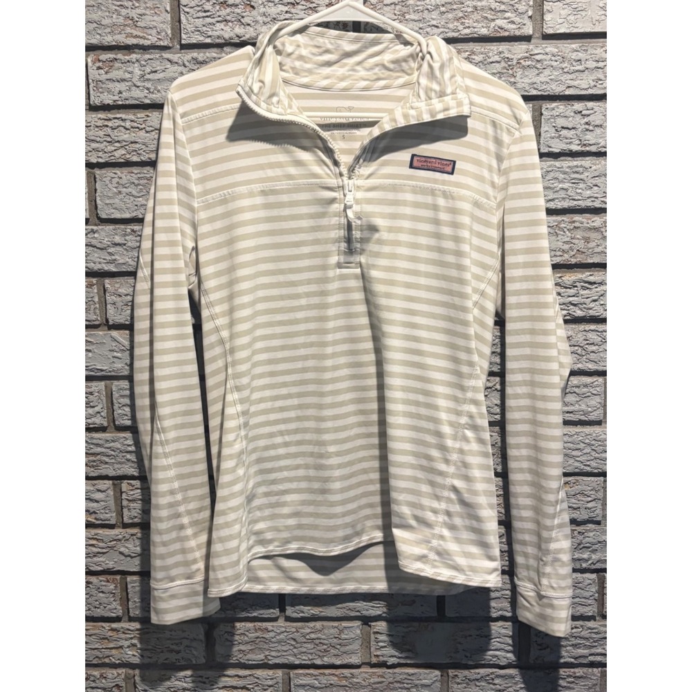 Vineyard Vines Shep Shirt Womens Small Tan White Striped Quarter Zip Pullover